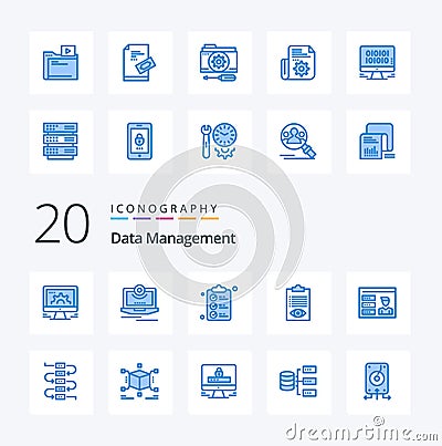 20 Data Management Blue Color icon Pack like line delivery monitor check shopping Vector Illustration
