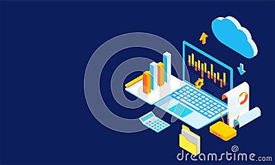 Data management concept, isometric laptop connected to cloud server with business equipments on blue background. Stock Photo