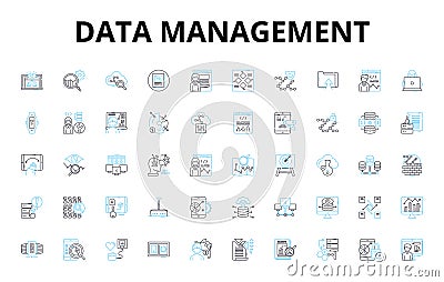 Data management linear icons set. Organization, Structuring, Integration, Analysis, Cleansing, Validation, Governance Vector Illustration