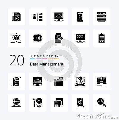 20 Data Management Solid Glyph icon Pack like gear lock media movie Vector Illustration
