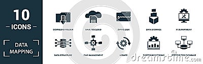 Data Mapping icon set. Monochrome sign collection with data structure, file management, update, system monitoring and over icons. Stock Photo