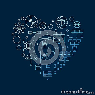 Data Mining heart-shaped blue outline banner. Database Analytics concept illustration Vector Illustration