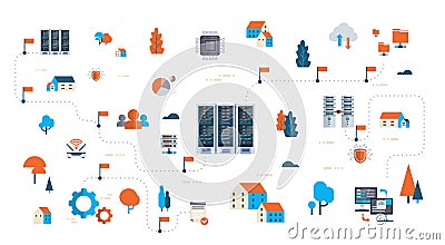 Data network flowchart server map isometric cloud storage synchronization internet connection database center concept Vector Illustration