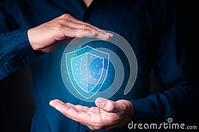 Data or network protection, business people press shield icon, virus security. Data protection and insurance Business security con Stock Photo