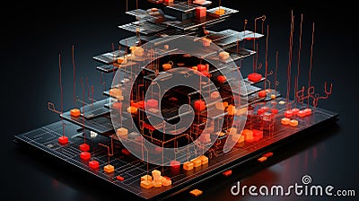 Data Nexus: 3D Database Structure with Dynamic Arrows Stock Photo