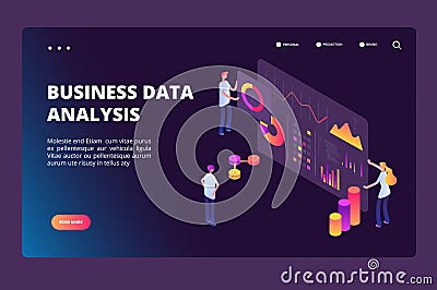Data optimization isometric concept. Person with analysis analytics chart. Business technology, market positioning Vector Illustration