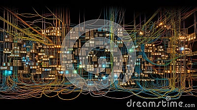 Data packets flowing through cables and routers, visualizing the intricate pathways of digital communication that make up the Stock Photo