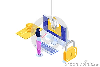 Data phishing isometric, hacking online scam on desktop concept. Fishing by email. Cyber thief. Vector Illustration