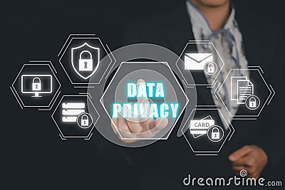 Businesss person hand touching Data Privacy icon on virtual screen Stock Photo
