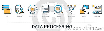 Data processing concept with icons in minimal flat line style Vector Illustration