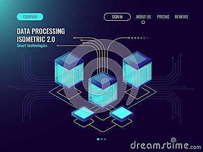 Data processing concept, server room, web hosting concept, abstract technology objects, information flow, cloud storage Vector Illustration