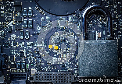 Data protecting Security Concept. Computer Internet protection with lock, key on microscheme chip. System Shield Protection Stock Photo
