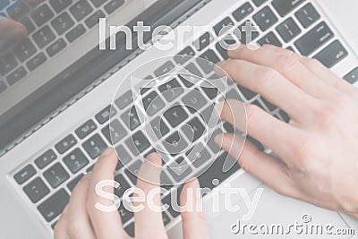 Data protecting security concept. Computer Internet protection symbol on blured keyboard background. Hacker attack and Stock Photo