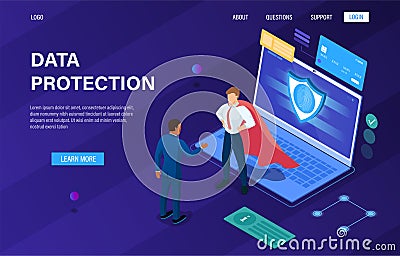 Data protection concept. Data base mobile security. Protection of confidential data, shield server unit, digital Vector Illustration