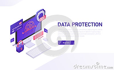 Data protection 3d isometric template of e-commerce site, home page vector design. Data safety isometric icons, shield Vector Illustration