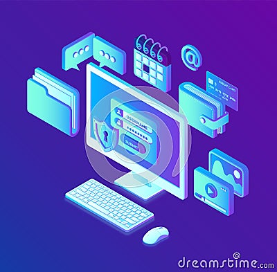 Data protection. Desktop pc with authorization form on screen, personal data protection. System of authentication, data access, Cartoon Illustration