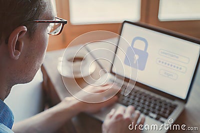 data protection and internet security concept, user typing login and password Stock Photo