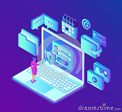 Data protection. Laptop with authorization form on screen, personal data protection. System of authentication, data access, login Cartoon Illustration