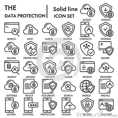 Data protection line icon set, computer safety symbols collection, vector sketches, logo illustrations, server protect Vector Illustration