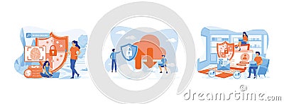 Data protection. Man holding security shield and developer using laptop. Safety and confidential data protection. Vector Illustration