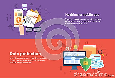 Data Protection, Medical Application Health Care Medicine Online Web Banner Vector Illustration