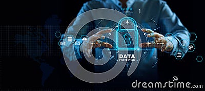 Data protection privacy concept. GDPR. EU. Cyber security network. Business man protecting data personal information Stock Photo