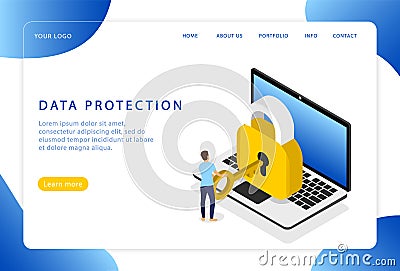 Data protection. Safety. Computer security. Landing page. Modern web pages for web sites Vector Illustration