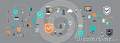 Data protection shield access connection isometric people communication internet computer mobile security concept Vector Illustration