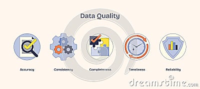 Data quality icons show accuracy, consistency, and reliability using checkmarks, ... Vector Illustration