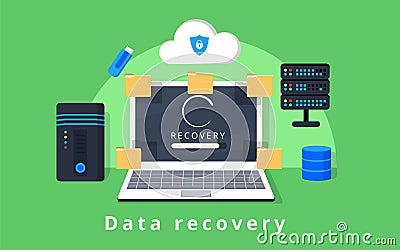 Data recovery, data backup, restoration and security flat design vector with icons Vector Illustration