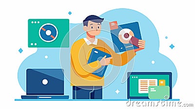 A data recovery spet uses specialized software to scan and recover deleted files from a damaged memory card.. Vector Vector Illustration