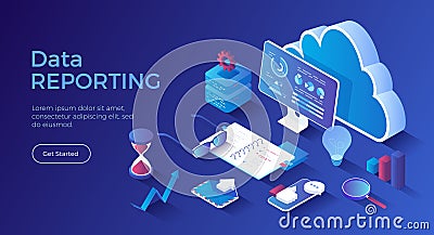 Data reporting, analysis, analytics, auditing. Data monitoring and marketing. Graphs and charts on the monitor screen. Vector Illustration