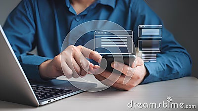 Data retrieval technology improves search engine optimization (SEO). Man uses both mobile phone and laptop to search for Stock Photo