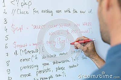 Data safety and programming education concept - man writing php code on whiteboard Stock Photo