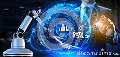 Data science analysis technology concept. 3d render cobot robotic arm Stock Photo