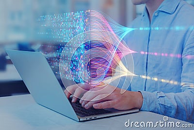 Data science and big data technology. Data scientist computing, analysing and visualizing complex data stream on computer. Data Stock Photo