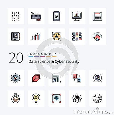 20 Data Science And Cyber Security Line Filled Color icon Pack. like api. scince. scalabel. share. data Vector Illustration