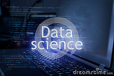 Data science inscription against laptop and code background. Learn data science computer courses training Stock Photo