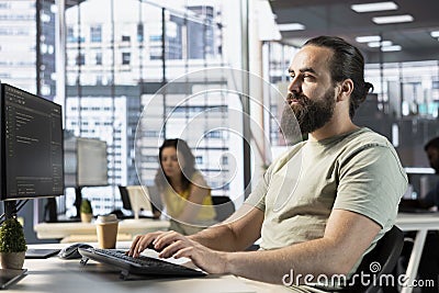 Data scientist doing software quality assurance, reading source code Stock Photo