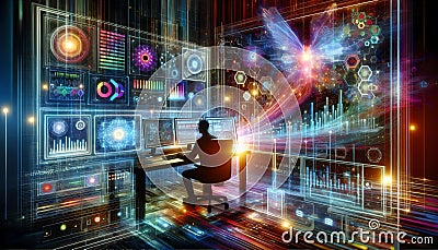 A data scientist immersed in analyzing complex financial and business metrics on an array of vibrant digital dashboards Stock Photo