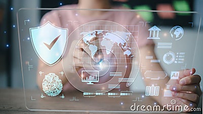 Data scientists. programmers use a laptop to analyze and development at various information on a futuristic virtual interface Stock Photo
