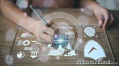 Data scientists. programmers use a laptop to analyze and development at various information on a futuristic virtual interface Stock Photo