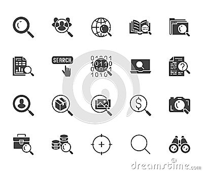 Data search flat glyph icons set. Magnify glass, find people, image zoom, database exploration, analysis vector Vector Illustration
