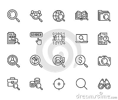 Data search flat line icons set. Magnify glass, find people, image zoom, database exploration, analysis vector Vector Illustration