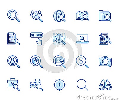 Data search flat line icons set. Magnify glass, find people, image zoom, database exploration, analysis vector Vector Illustration