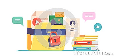 Data Security, Documents Privacy and Protection Concept with Protected Folder with Lock, Photo and Video Files and Docs Vector Illustration