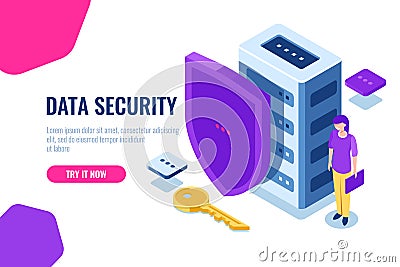 Data security isometric, database icon with shield and key, data lock, personal support of safety, women with laptop in Vector Illustration