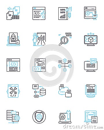 Data security linear icons set. Encryption, Cybersecurity, Privacy, Authentication, Compliance, Malware, Passwords line Vector Illustration