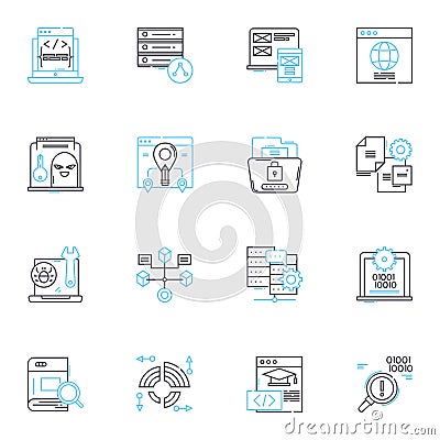 Data security linear icons set. Encryption, Cybersecurity, Privacy, Authentication, Compliance, Malware, Passwords line Vector Illustration