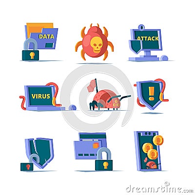 Data security. Padlock network firewall safety server online clean server cyber security vector flat icons Vector Illustration